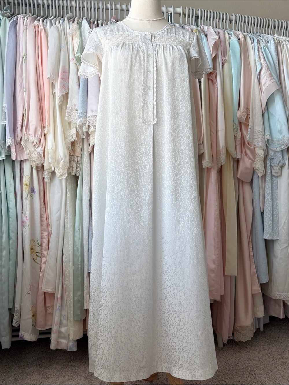 vintage christian dior white satin jacquard lace trim nightgown